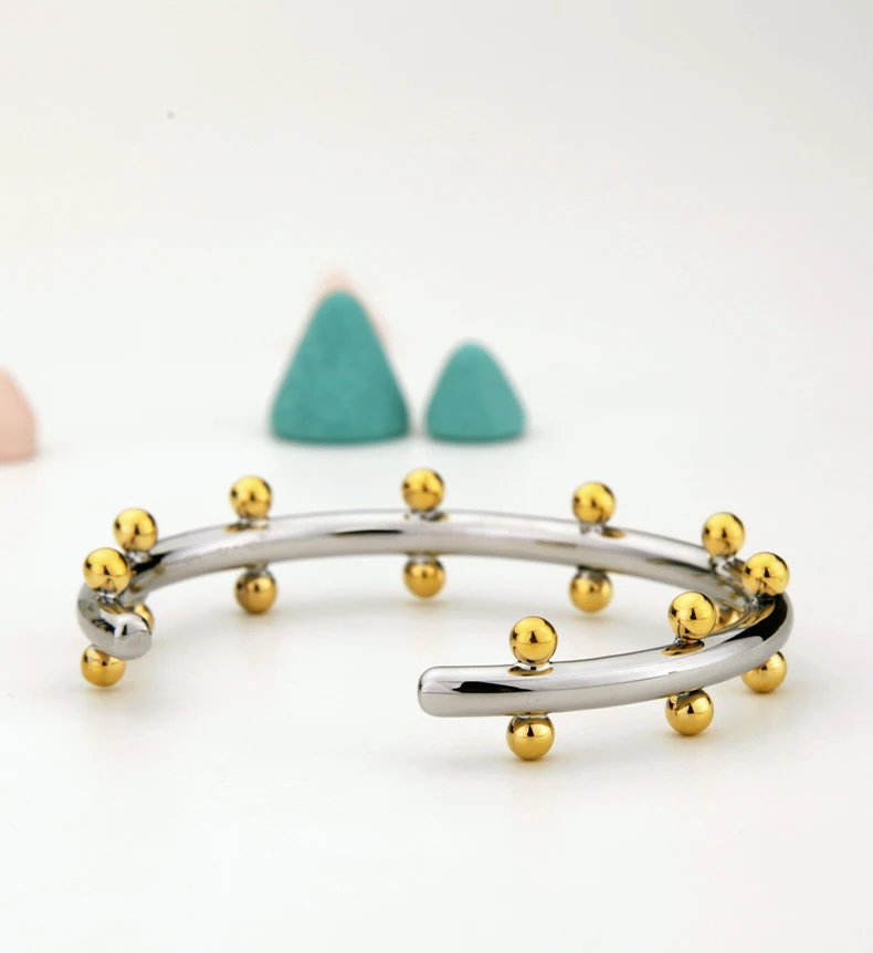 18K Gold Plated Row Ball Bangle – Elegant Gold Cuff Bracelet with Metal Beads for Women