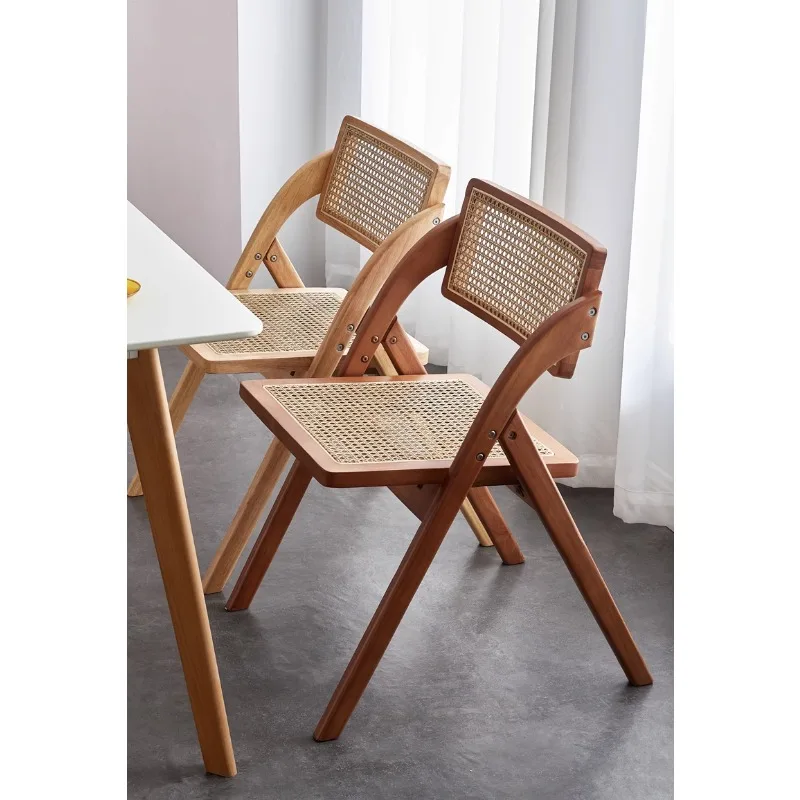 

Solid wood rattan folding chair home vintage dining table chair Japanese style log balcony stool vintage casual backrest chair