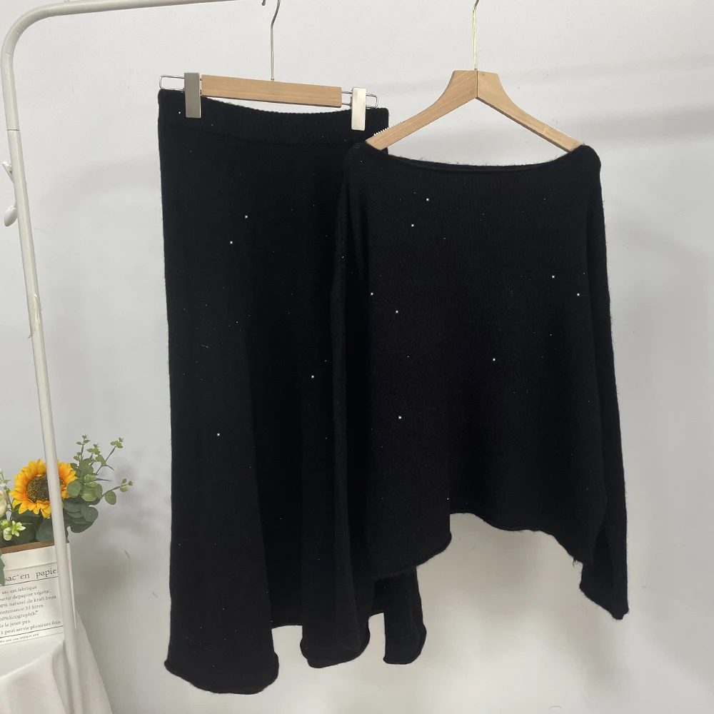 Sexy Soft Elegant Vintage Women Suits 2 Pieces Female Sets Slash Neck Sweater & Midi Dress Bling Knitted TrackSuit
