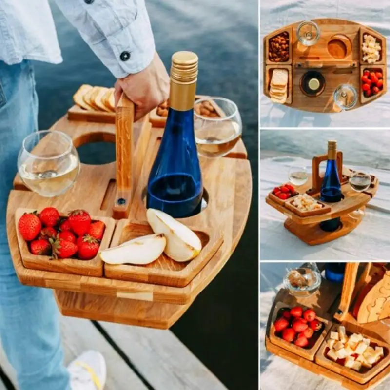 

Portable Wooden Picnic Table Carry Handle Outdoor Folding Wine Table Removable Wine Glass Holder Folding Low Table Snack Tray