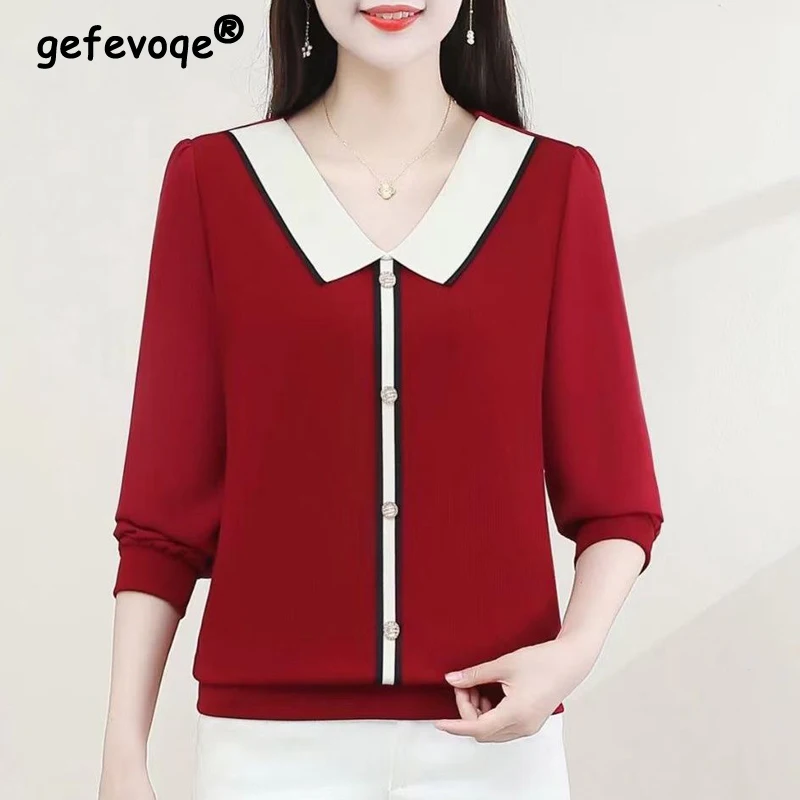 

Women's Clothing Spring Autumn Fashion Patchwork Elegant Chic T-shirts Casual Peter Pan Collar Long Sleeve Loose Pullover Tops