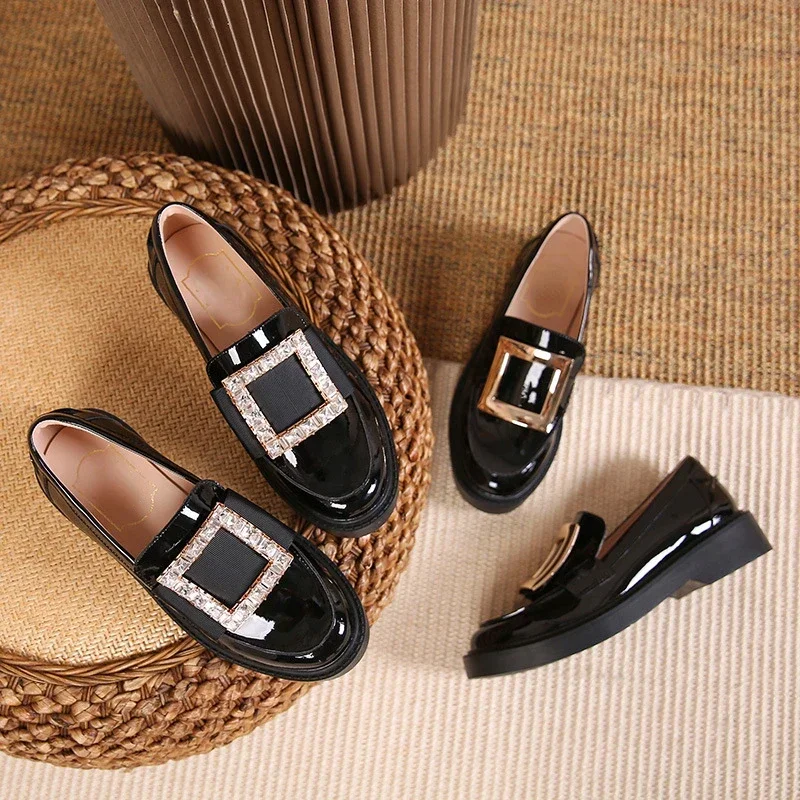 

Square Buckle Single Shoe Women's Autumn New Water Diamond Thick Sole Lefu Shoes Black Patent Leather College Leather Shoes