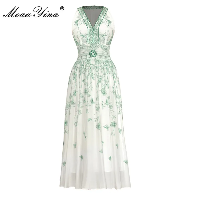 

MoaaYina Fashion Designer dress Summer Women's Dress V-Neck Sleeveless Embroidery Elegance Party Dresses
