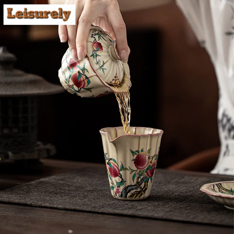 225ml Lard Jelly Ru Kiln Hand Painted Peach Gaiwan Creative Tea Tureen Tea Bowl With Lid Kit Tea Making Cover Bowl For Tea Craft