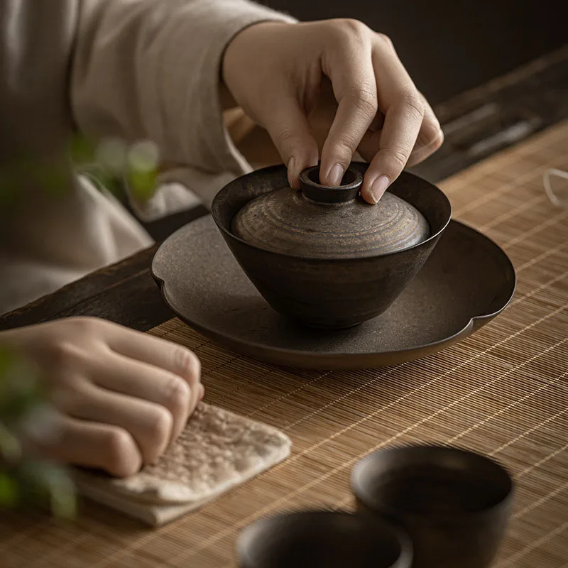 140ml Retro Rust Glaze Ceramic Tea Tureen Chinese Tea Maker Non-hot Gaiwan Handmade Coarse Pottery Bowl Creative Teaware Set
