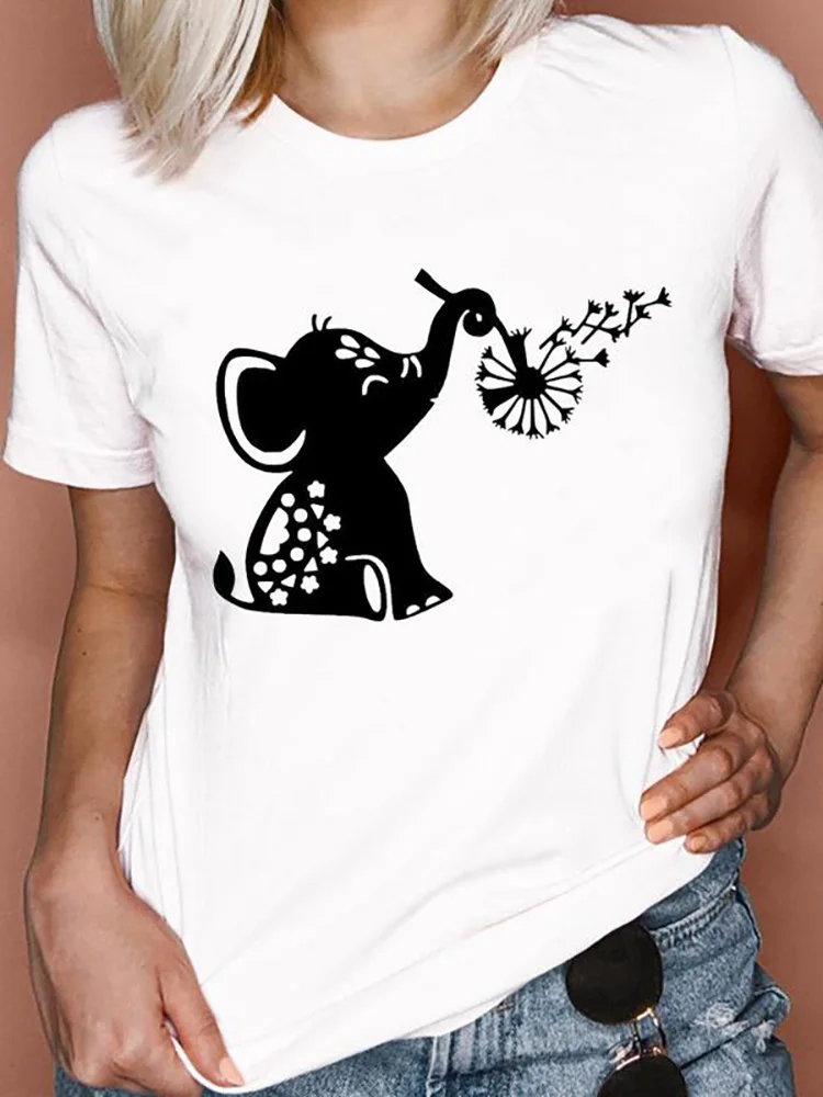 

Women T-shirts elephant dandelion Trend Style Cartoon Animal 90s Summer Graphic Print Female T Shirt Stylish Girl Tee TShirt