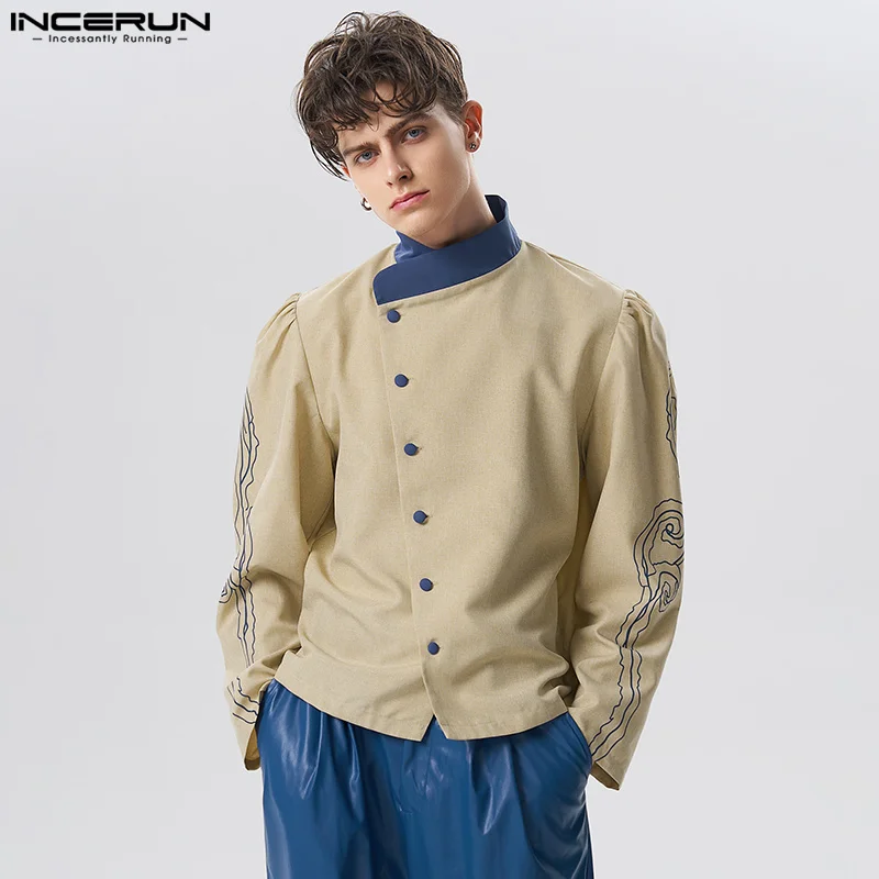 

INCERUN Men Casual Shirt Print Patchwork Stand Collar Long Sleeve Button Down Men Clothing Autumn 2023 Streetwear Leisure Camisa