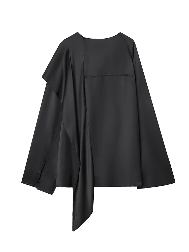 2026 New Women Fashion Solid Split Cloak Shirt Fashion Irregular Design Long Sleeves O-neck Loose Tops Temperament Blouse