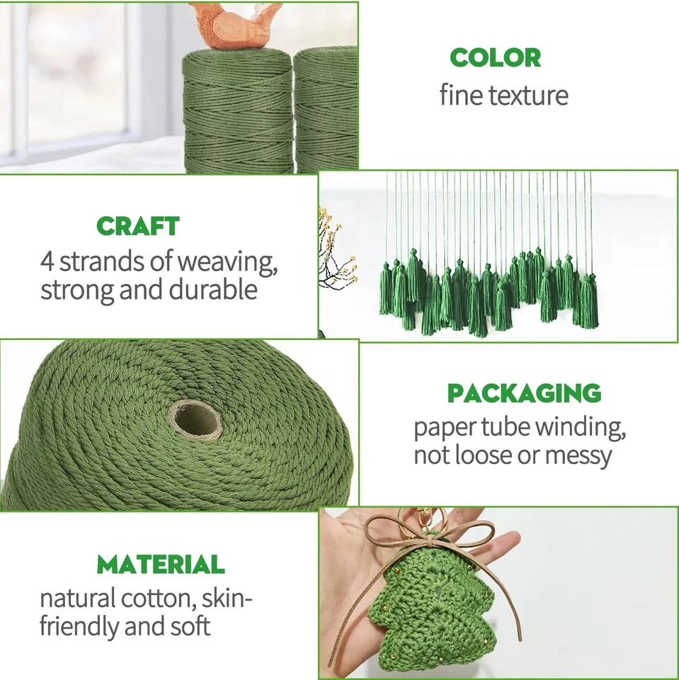 JeogYong macramè Filo 3mm x 100m Macrame Corda Cotone Naturale Cordoncino Thai 4 Fili di Spago Colorato, Cordino per Borse Uncinetto Decorazioni Arazzi Appendini per Piante Festa Natale (Alghe Verdi