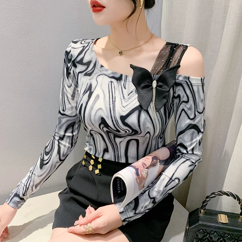 

New 2023 Autumn Long Sleeved Slash Neck Women's T-Shirt Fashion Casual Print Bow Mesh Tops Female Clothes