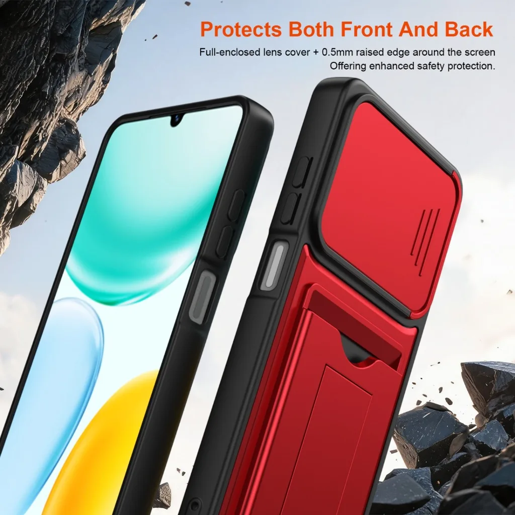 Slide Camera Cover Phone Case with Card Holder and Invisible Stand