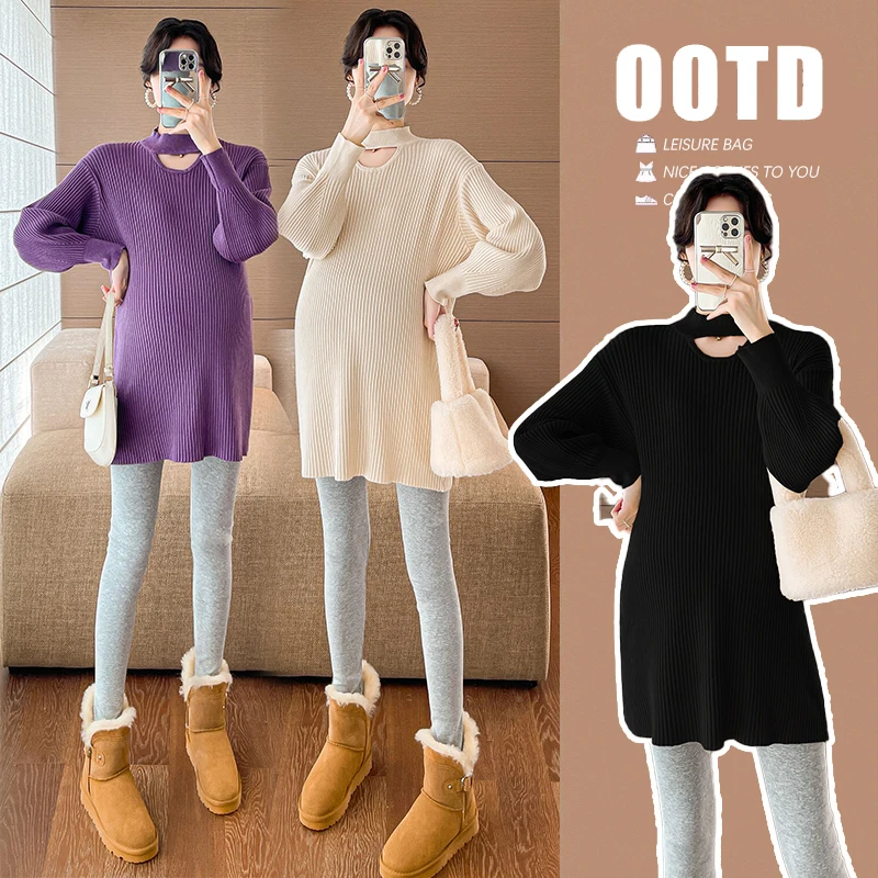 

2028# Autumn Winter Fashion Knitted Maternity Sweaters Hollow Out Loose Pullovers Clothes for Pregnant Women Pregnancy Tops