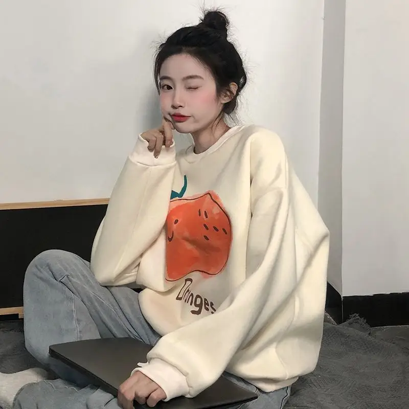Sweatshirts Women Thicker Winter Korean Style Lazy Print Kawaii O-neck Aesthetic Streetwear Harajuku Ins Ropa Cute Preppy Chic