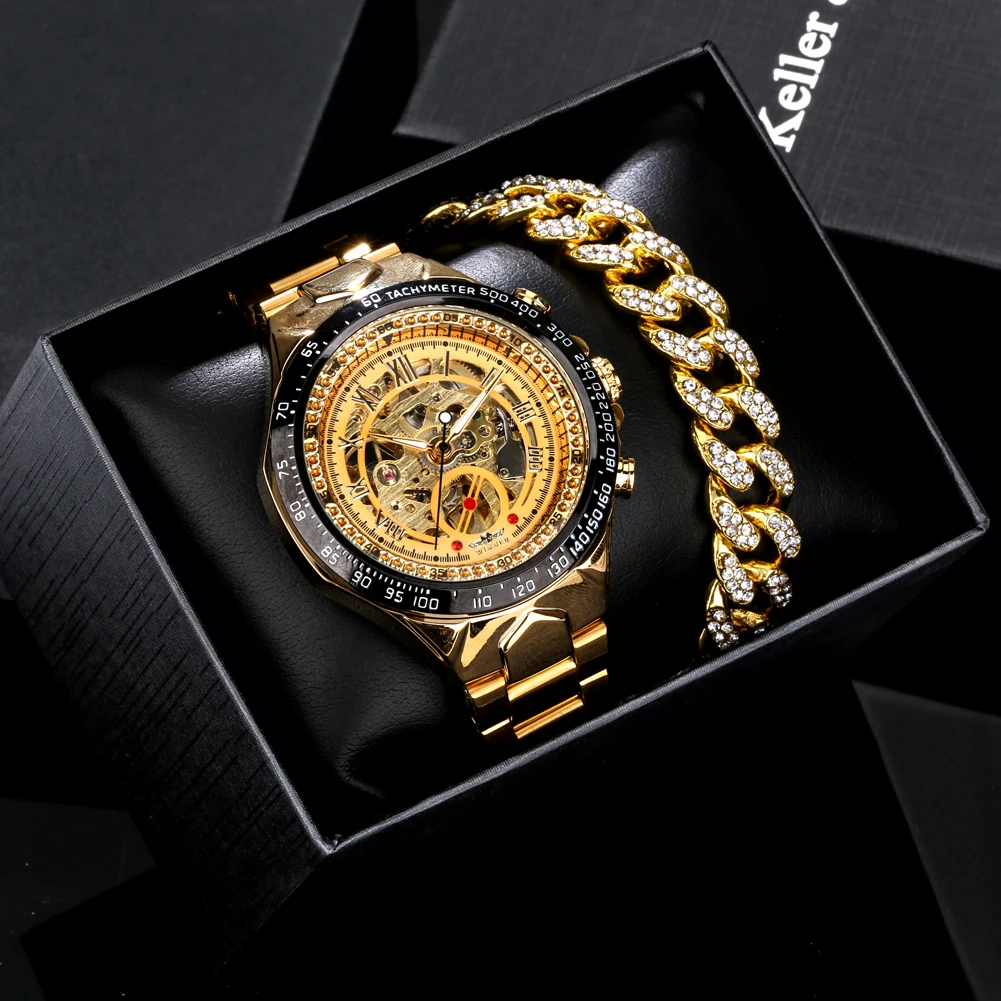 Relógio e pulseira de ouro masculino Conjunto presente, Punk, automático, mecânico, esqueleto, cobre, pulseira de aço, melhores presentes para o pai, marca top