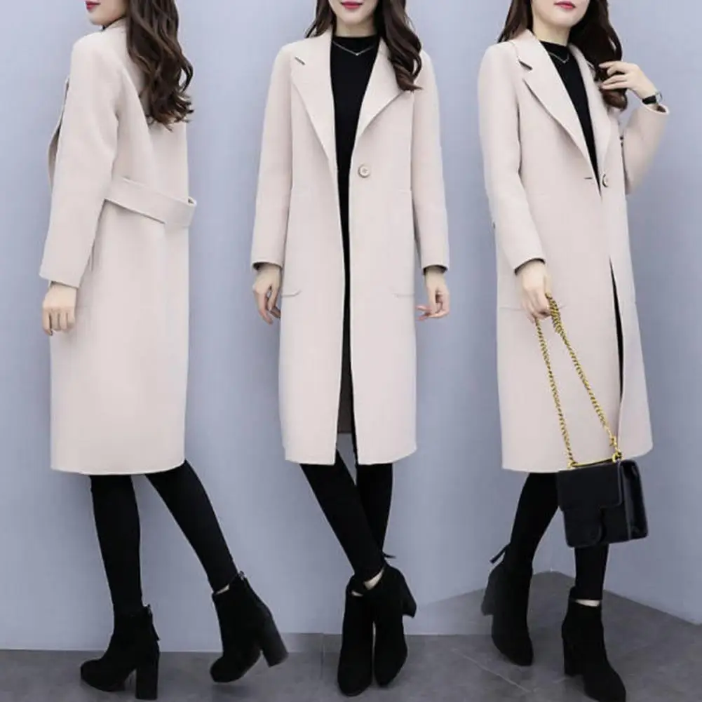 

Single Button Overcoat Korean Style Women's Winter Coat with Turn-down Collar Mid Length Windproof Warmth Thick Solid for Cold