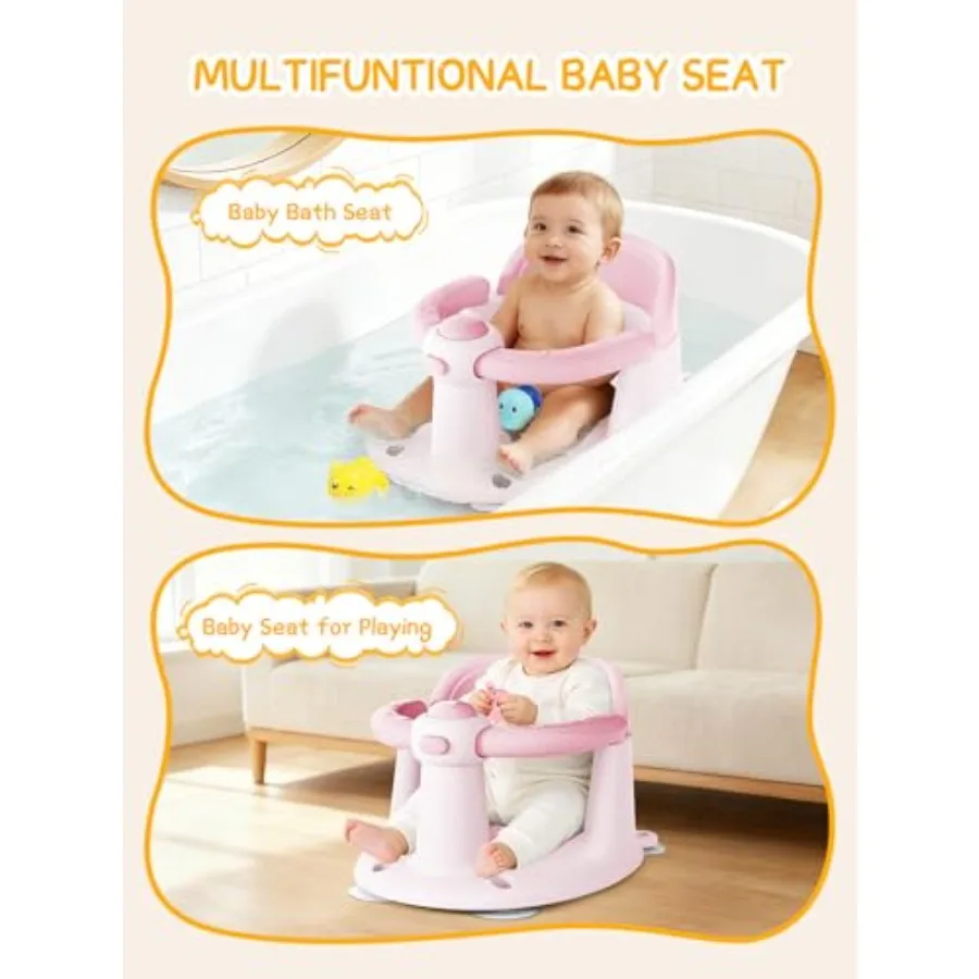 Baby Bath Seat for Babies 6 Months Up - Bathtub Seats with 3 Baby Bath Toys Non-Slip Comfortable Infant Bath Essentials Pink