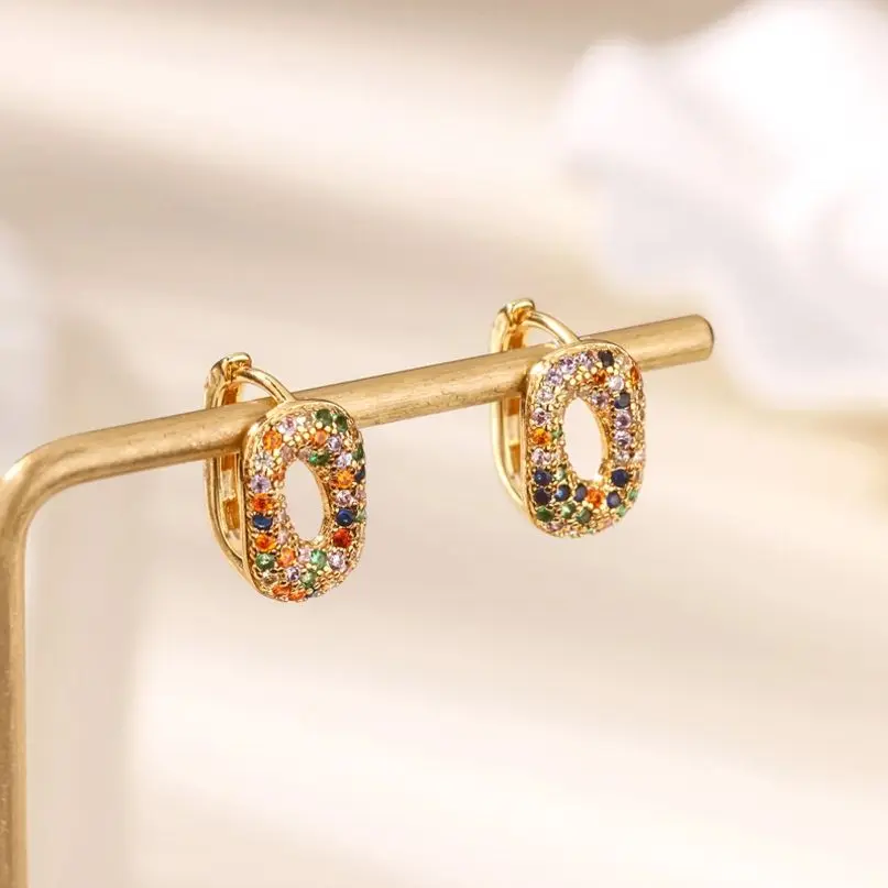 Rainbow Zircon Hollow Oval Hoop Earrings For Women Men