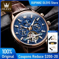 OLEVS 6658 Mens Watch Original Skeleton Multifunctional Chronograph Mechanical Watch Leather Strap Watches For Man Gifts Reloj