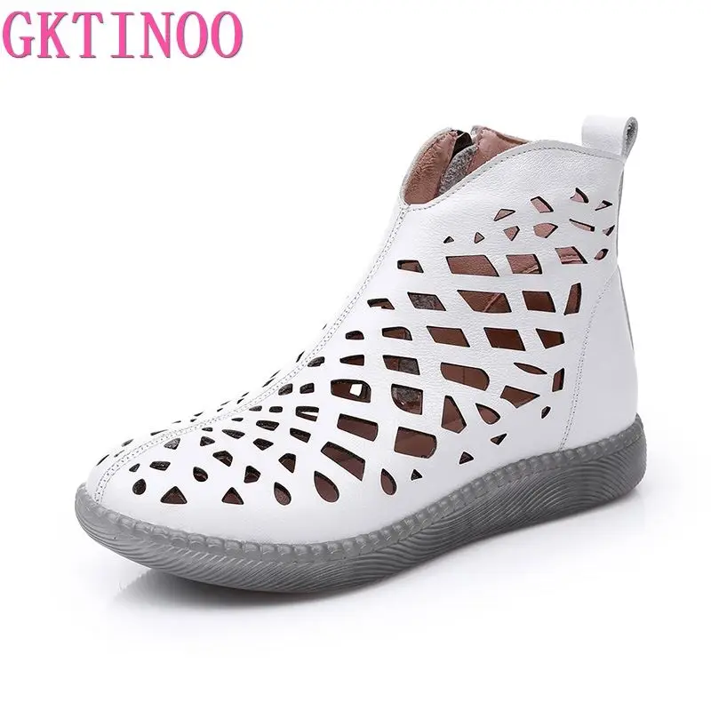 

GKTINOO Women's Summer Boots Fashion 2024 New Genuine Leather Women's Sandals Hollow Design Non-slip Round Toe Ladies Shoes