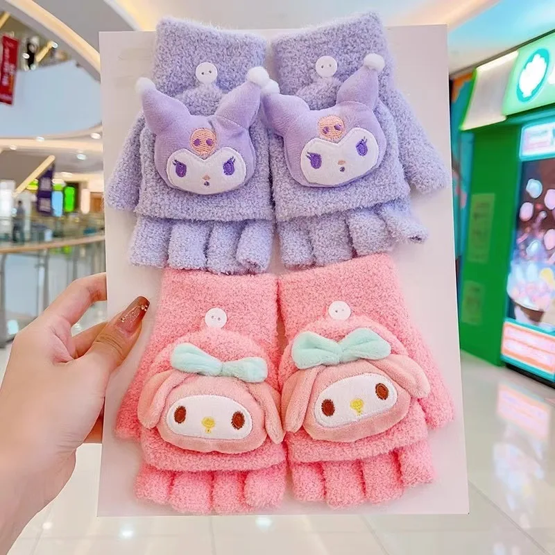 Anime Cartoon My Melody Hello Kitty Kawaii Kuromi Sanrio Golves Winter Warm Flap Open Half Finger Children's Gloves Girls Gift