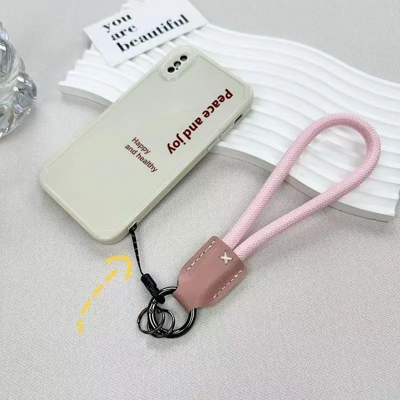 Stylish Braided Phone Lanyard with Leather Accents - Durable Outdoor Wrist Strap