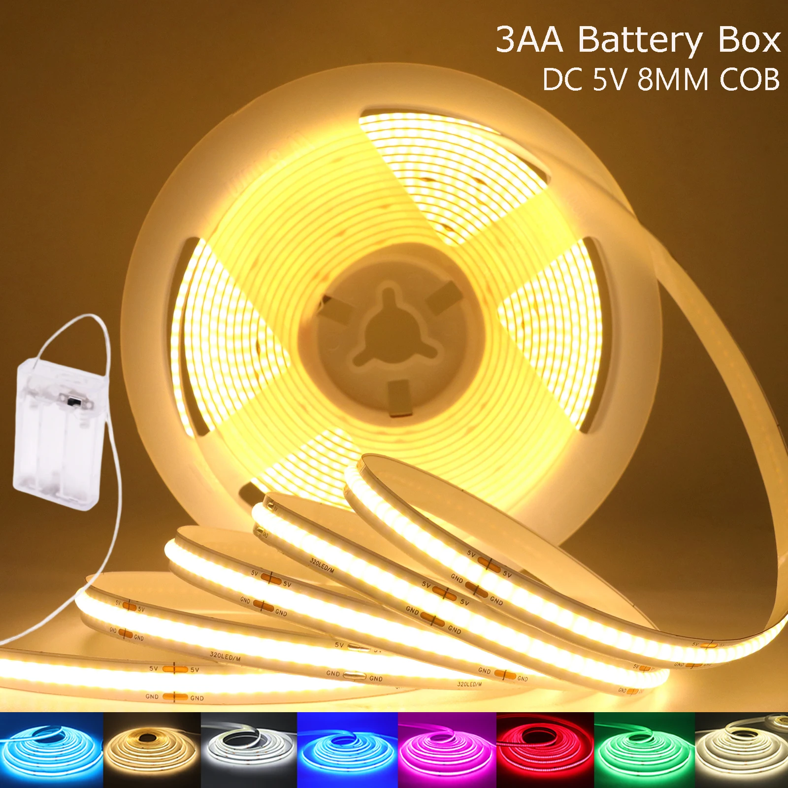 Battery-Powered Flexible COB LED Strip Light - 5V, 320 LEDs/m, Multi-Color Options