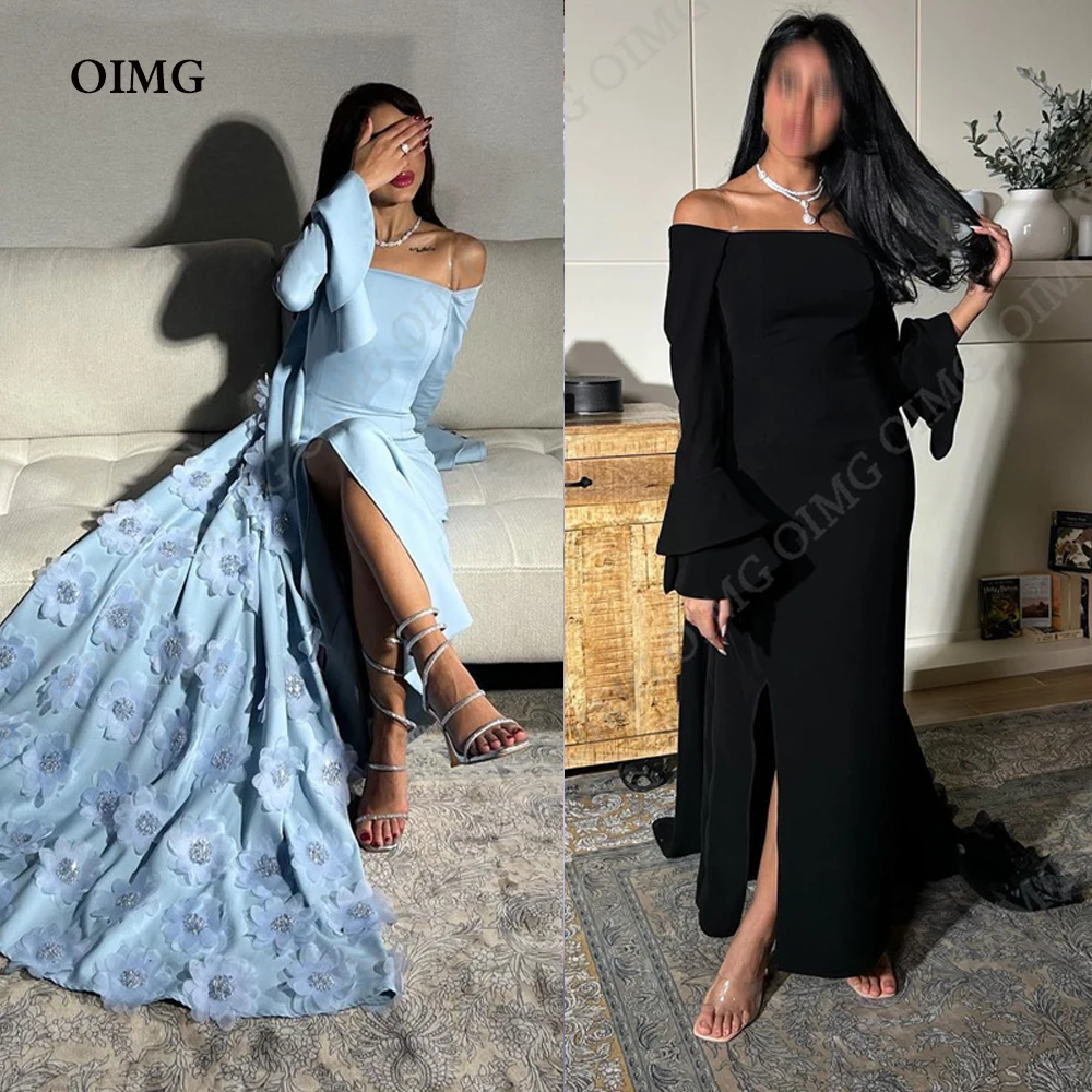 

OIMG Modest Black/Blue Mermaid Evening Dresses Dubai Arabic Women Long Sleeves Off Shoulder 3D Flowers Prom Gowns Formal Dress