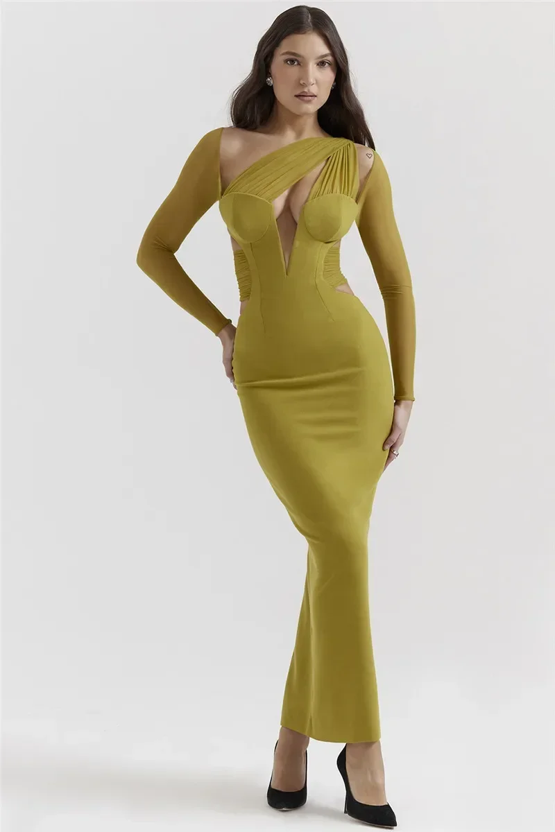 

New Elegant Hollow Out Bodycon Sexy Maxi Dress For Women Fashion Mesh Sheer Sleeve Club Party printing Long Dress CSM7JY23718