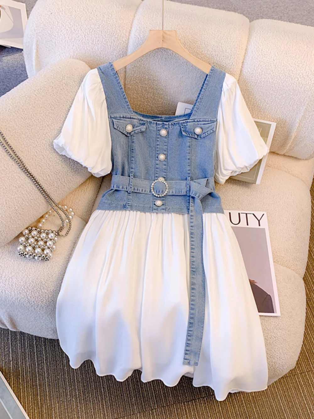 

Women Denim Dress 2024 New Summer Short Sleeve Square Collar Slim Belt A-line Dresses Chic Design Blue Denim Patchwork Dress