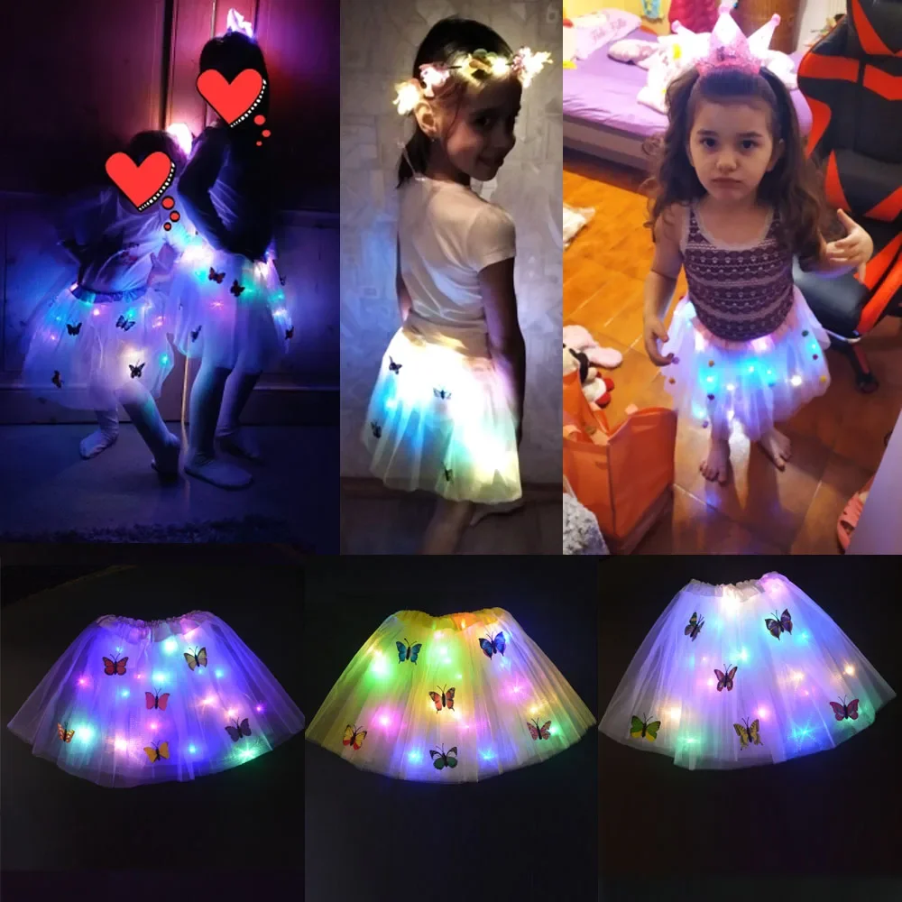 Princess Girl Butterfly Light Up Fairy Tutu LED Skirt Glow Flower Crown Headband Birthday Gift Fancy Party Wedding Festival birthday party decorations glow headband luminous hair bands tutu skirts led dance costume