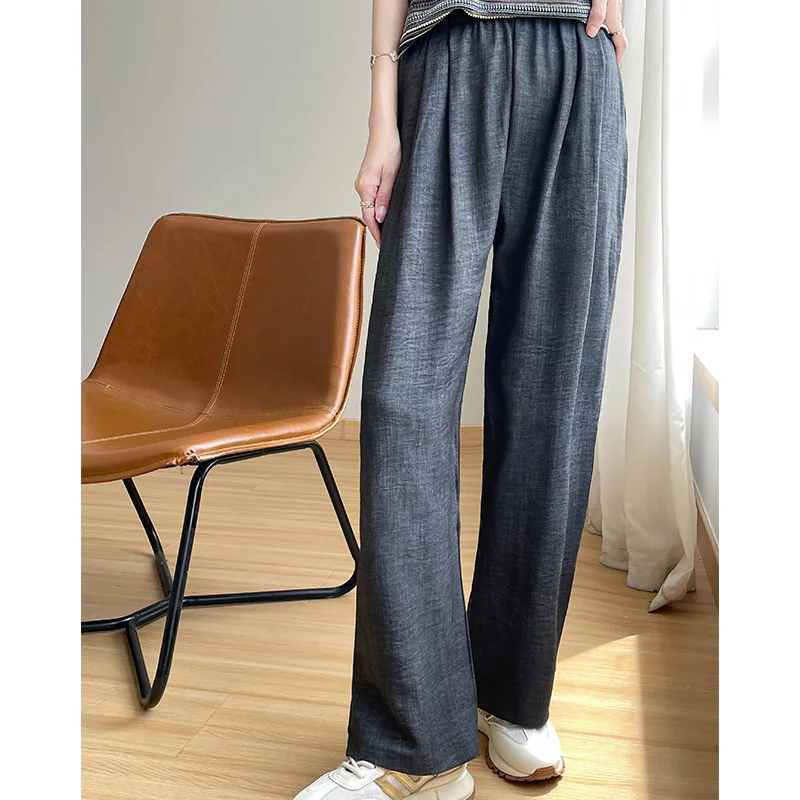 Women Pants 2024 Spring/Summer Korean Fashion High Waist Ice Linen Fabric Wide Leg Sweatpants Casual Straight Loose Trousers