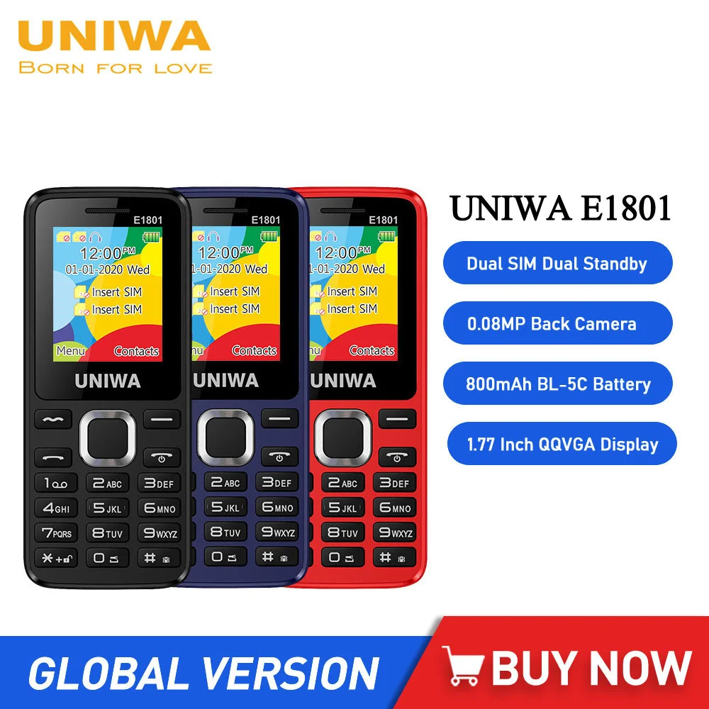 Uniwa E1801 Telefoni Con Pulsante Sbloccato 1.77 Pollici 800Mah 2G Feature Phone Dual Sim Standby Cellulare Per La Vecchia Radio Fm Wireless
