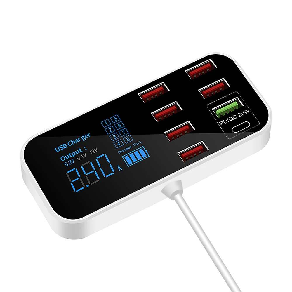 A9S+ 8 Port Car Charger with LED Display Type-C QC3.0 Quick Charging Intelligent Portable Safe Vehicle Charger Station