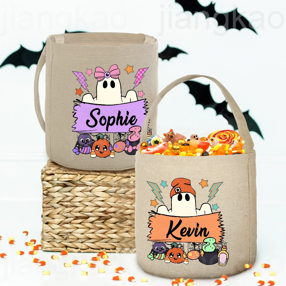 Gift Bags Personalized Trick or Treat Bag Name Candy Bucket Bag Halloween Party Ghost Tote Bags Portable Cookie Basket Gift for Kid