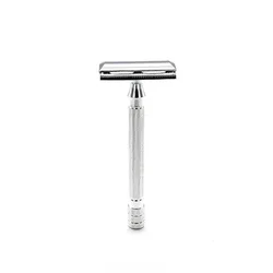 Classic Double Edge Men's Shaving Razor with Adjustable Safety Feature and Cleaning Brush (Silver)