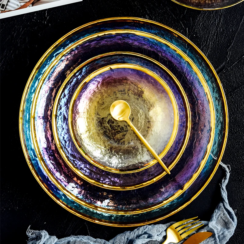 Thick Rainbow Glass Dinner Plates Steak Plate Dishes Salad Fruit Bowl Luxury Gold Inlay Glass Cake Food Plate Tableware