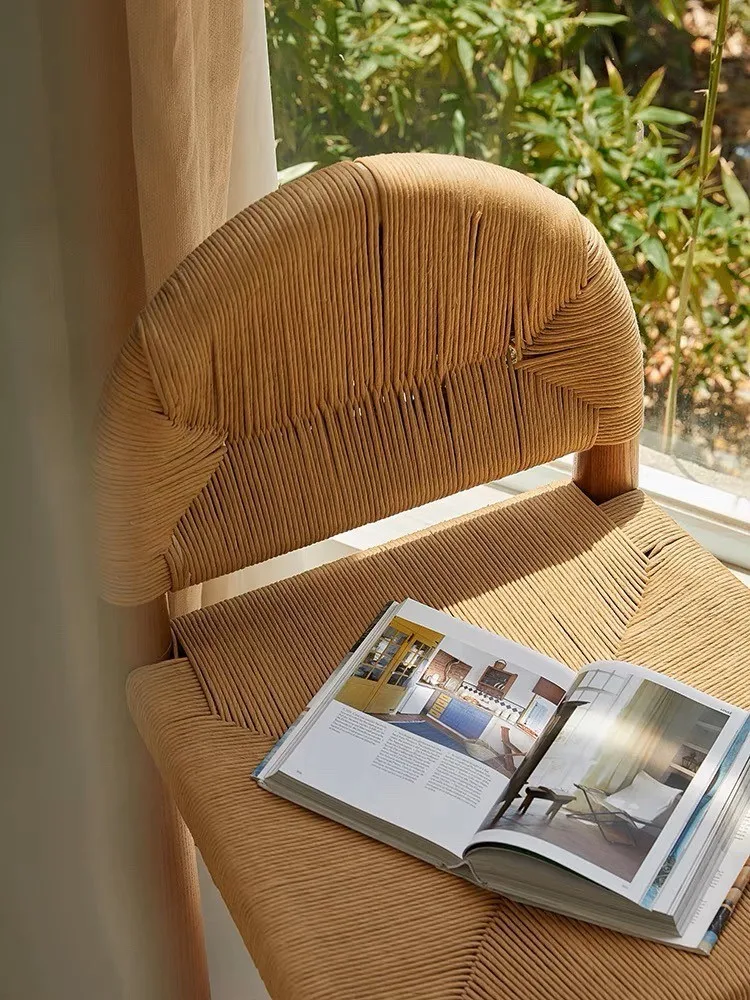 Vintage Solid Rattan Chair Woven Single Seat Minimalist Cream Style Design Model Furniture Dining Chair Backrest woven rattan rocking chair
