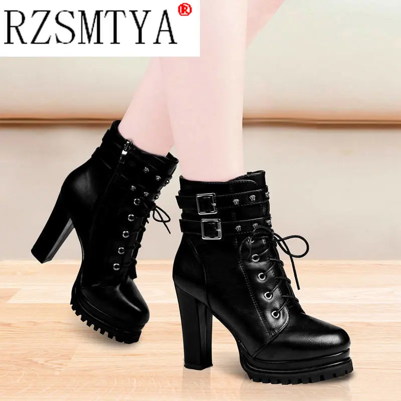 Women Autumn Ankle Boots Sexy Office High Heels Platform Boots Round Toe Leather Booties Black Pumps Ladies Party Shoes women pumps,platform boots,ankle boots,women high heeled boots