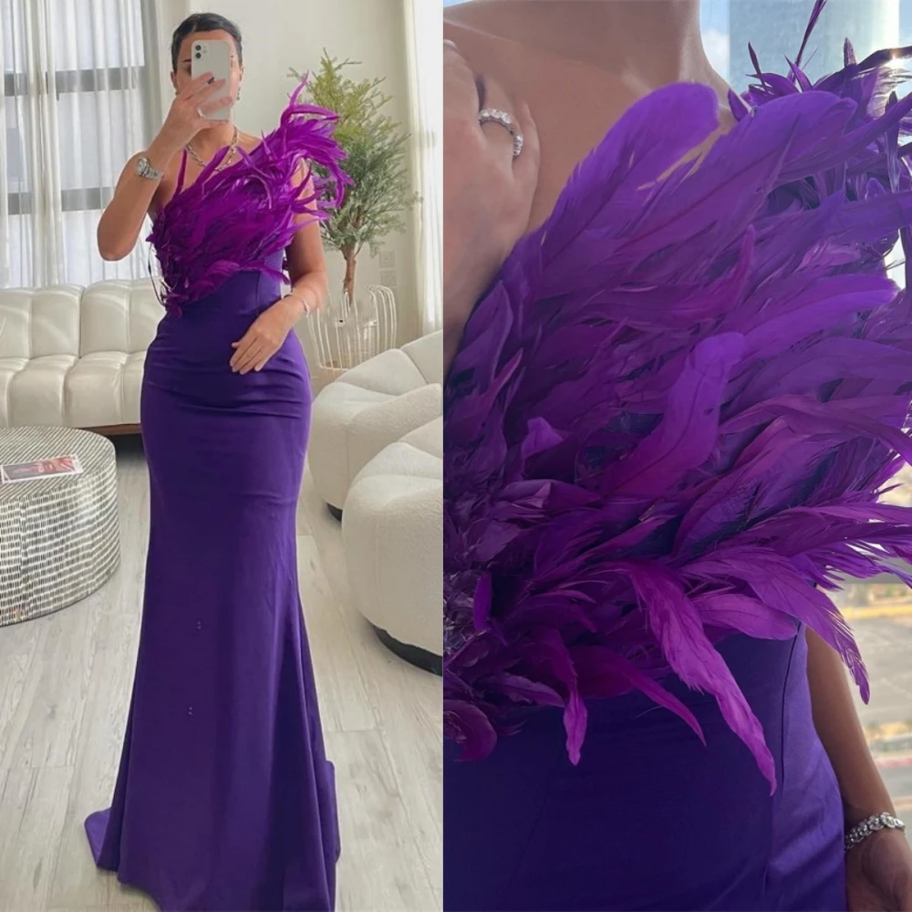 

Prom Dresses Fashion One Shoulder Sheath Party Dress Floor Length Sleeveless Feathers Formal Evening Gowns 이브닝드레스 فستان سهره