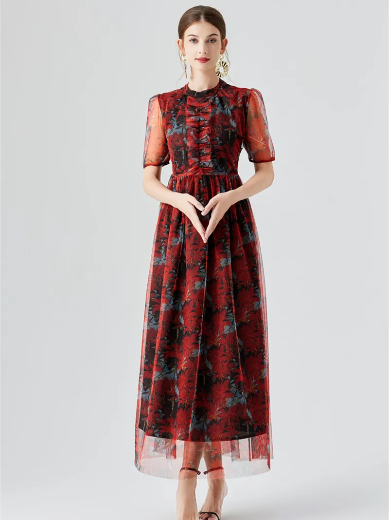 

American Retro Floral Print Mesh Maxi Dresses for Women 2023 Summer Ruffles Trim Slim A-line Robes Femme