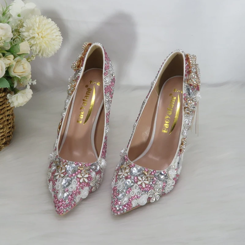 Shallow Women Bridal Wedding Shoes Fashion High Pumps Woman Thin Heel Tassel Crystal Party Dress Shoes Lady Pink Crystal Shoe