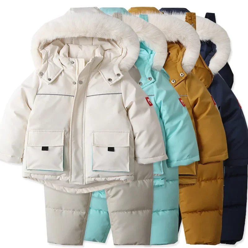 Winter Kids Ski Clothes Set Nylon Fur Lining Hooded Coat