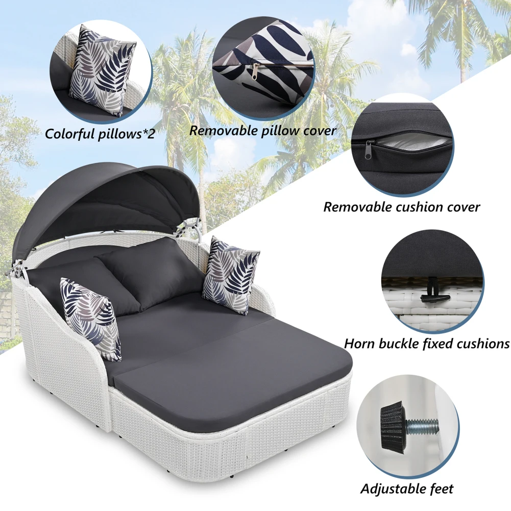 

79.9" Sunbed With Adjustable Canopy Wicker And Cushion Double Lounge PE Rattan Daybed For Outdoor Gargen Park