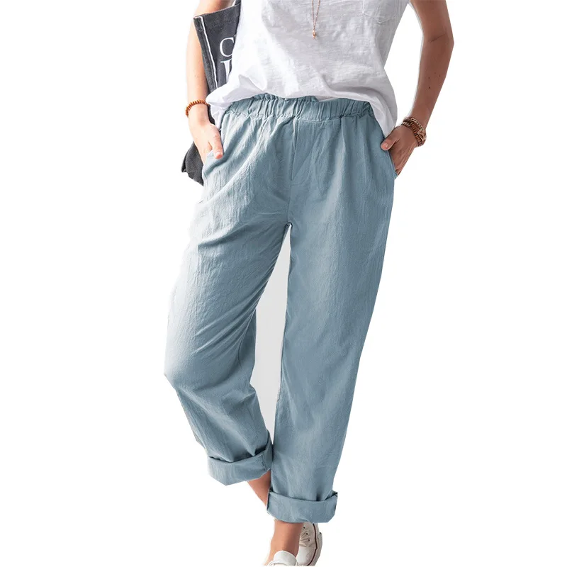 

Women High Waist Elastic Pocket Cotton Linen Long Pants Summer Casual Female Trousers Solid Color Trousers Office Daily Pants