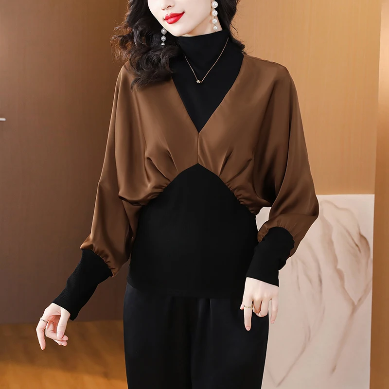Autumn Loose Long Lantern Sleeve Top Temperament Women Fashion French Style Shirts Turtleneck Office Lady Blouses Bat Clothes