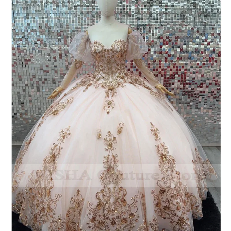 Puff Remove Long Sleeves Quinceanera Dresses 2023 Sequin Appliques Ball