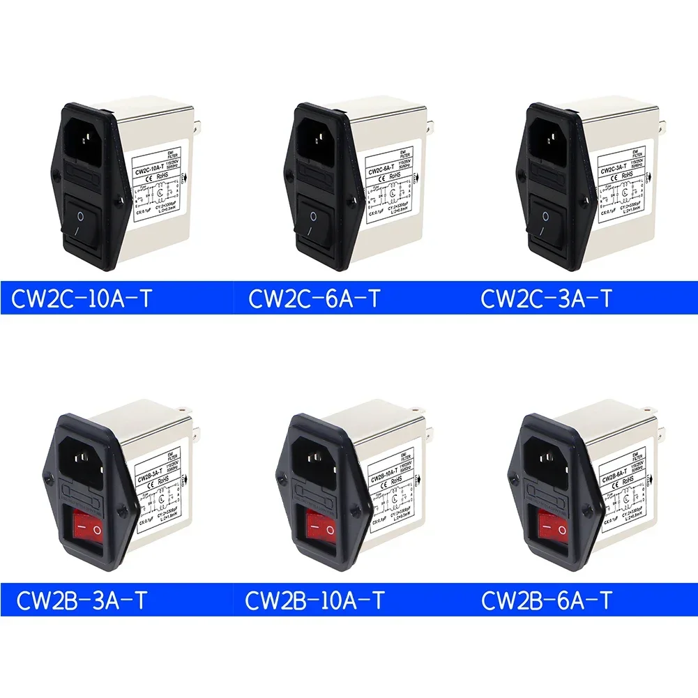 IEC Socket Type Power Filter CW2C-3A-T,CW2B-6A-T,CW2B-10A-T,CW2C-6A-T,CW2B-3A-T,CW2C-10A-T With Light Safety Switch