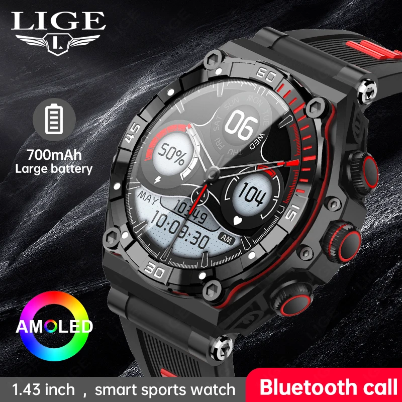 

LIGE Smart Watch AMOLED HD Screen Dual Bluetooth Call Men 700Mah Large Battery Sports Fitness Tracker IP68 Waterproof Smartwatch