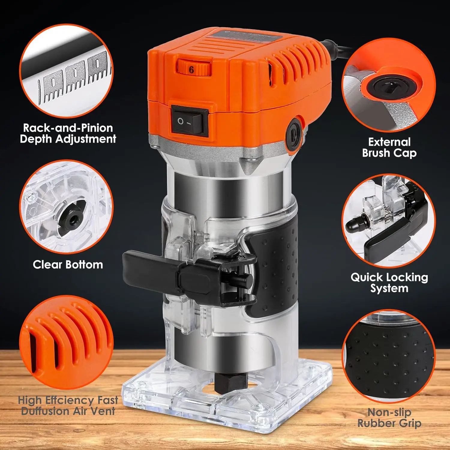 Compact Router, 6.5-Amp 1.25 HP Compact Wood Palm Router Tool, 6 Variable Speeds Wood Trimmer with 15 Pieces 4