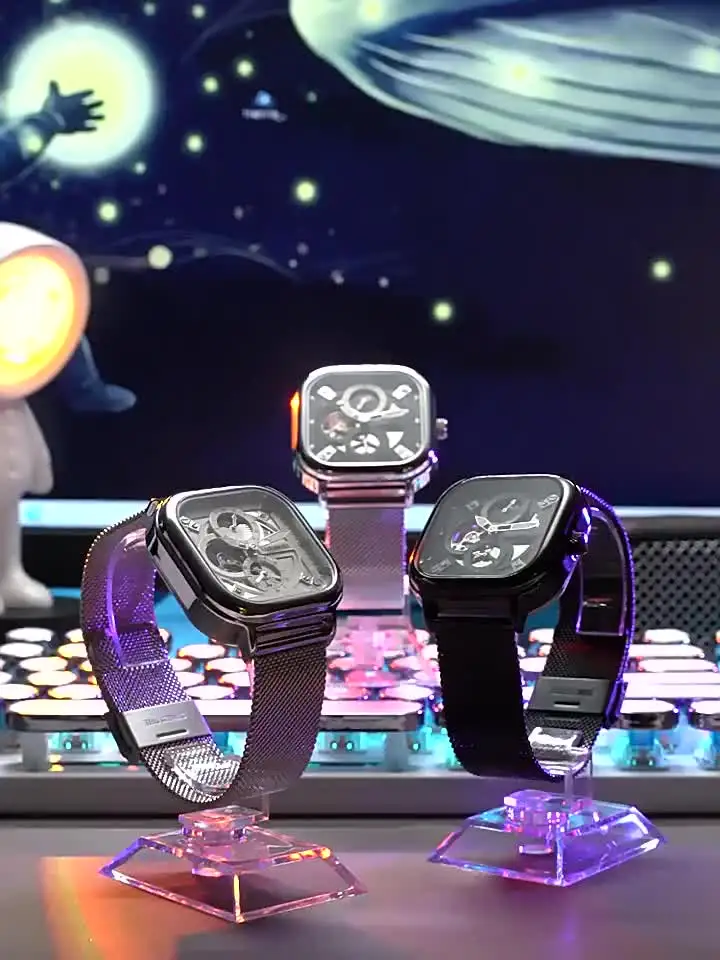 Orologio da uomo con cinturino in pelle rettangolare quadrante scheletro automatico meccanico moda orologio da polso da uomo impermeabile, Nero , cinturino